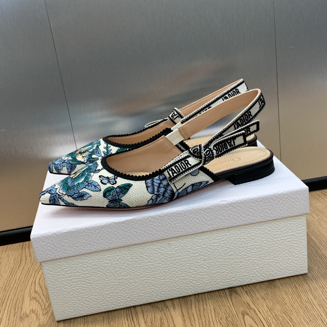 Luxury DiorJA Luxury DiorSlingback Flat Pastel Midnight Blue Multicolor Embroidered Cotton with Toile de Jouy Mexico Motif