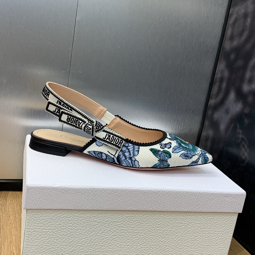 Luxury DiorJA Luxury DiorSlingback Flat Pastel Midnight Blue Multicolor Embroidered Cotton with Toile de Jouy Mexico Motif