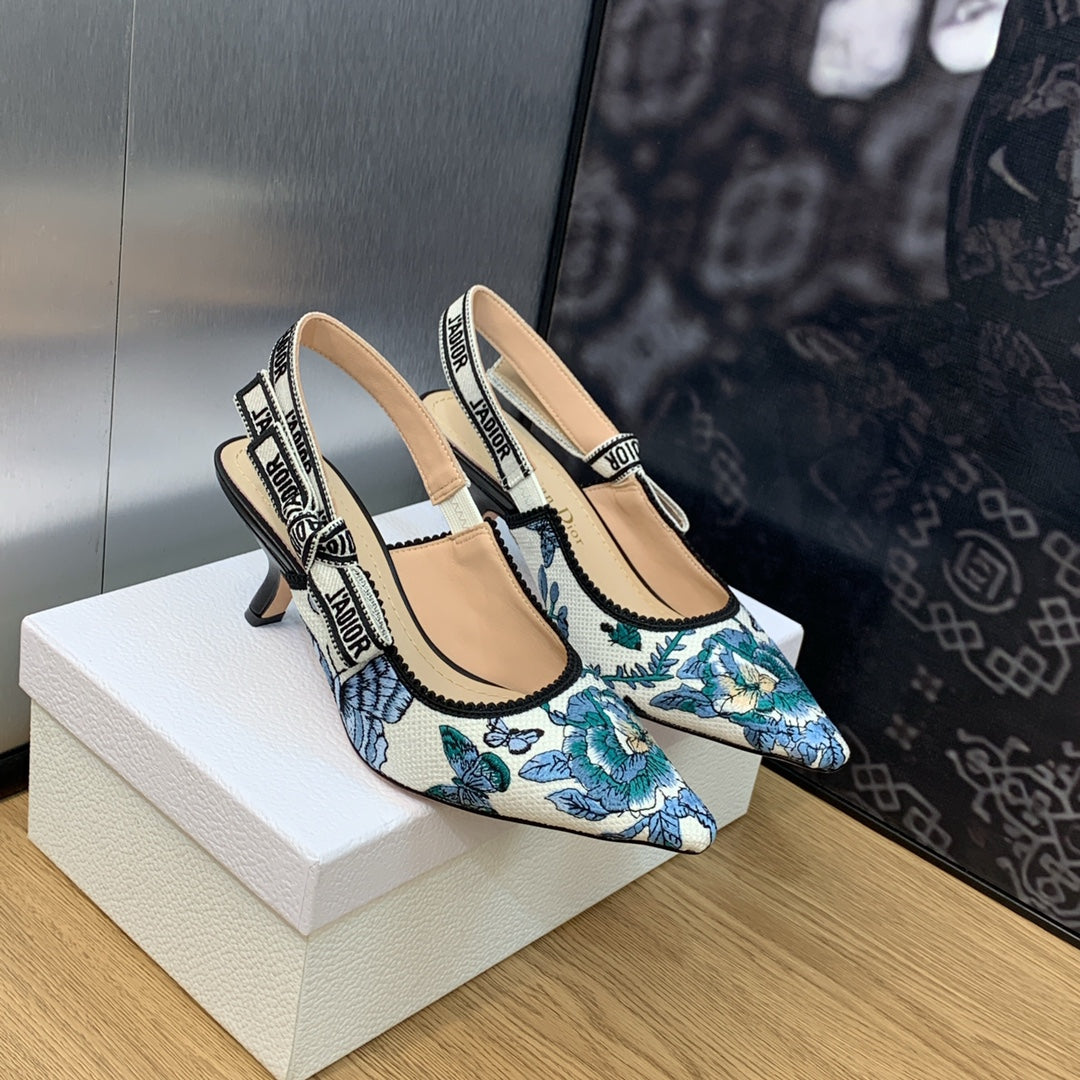 Luxury DiorJA Luxury DiorSlingback Pump 65 Pastel Midnight Blue Multicolor Embroidered Cotton with Toile de Jouy Mexico Motif