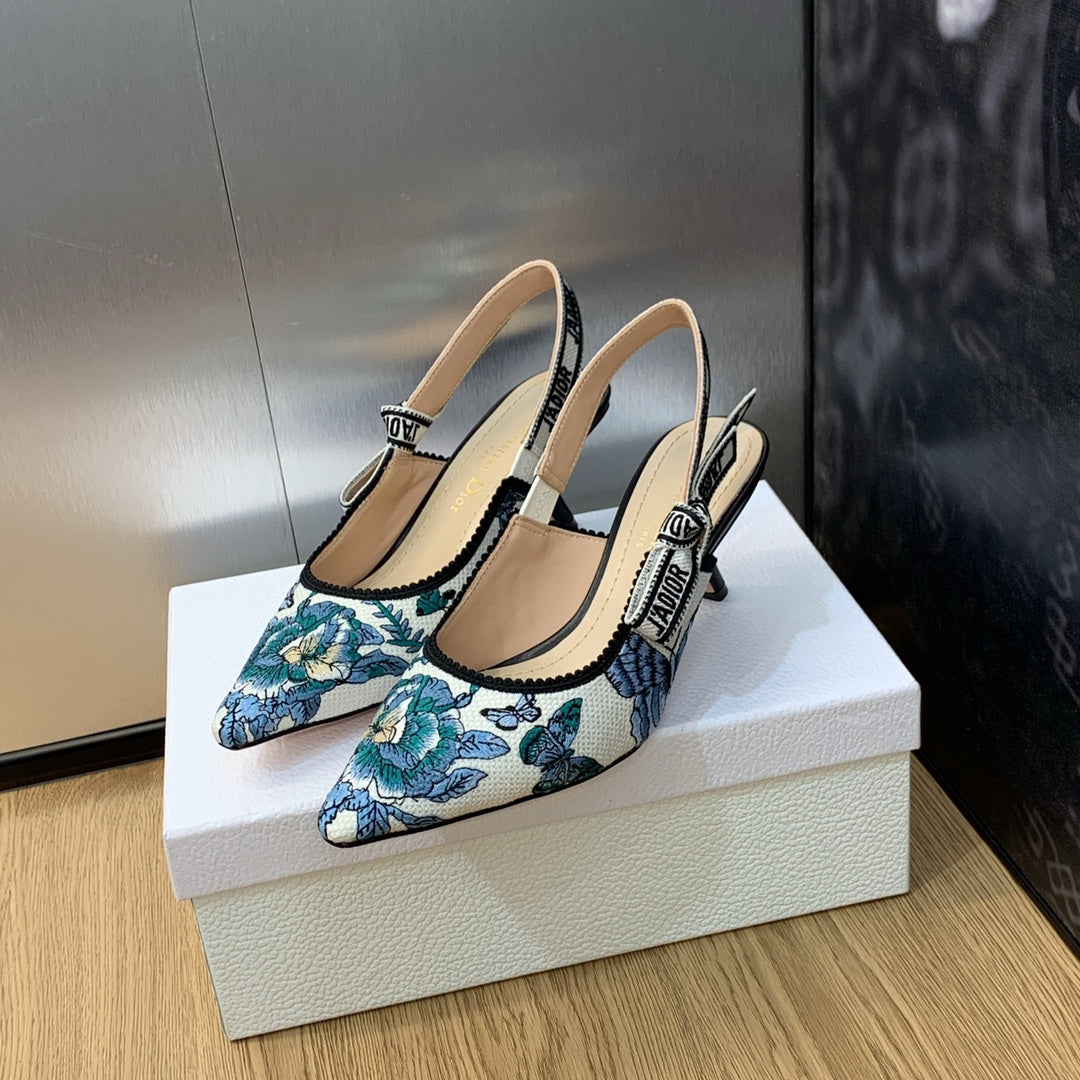 Luxury DiorJA Luxury DiorSlingback Pump 65 Pastel Midnight Blue Multicolor Embroidered Cotton with Toile de Jouy Mexico Motif