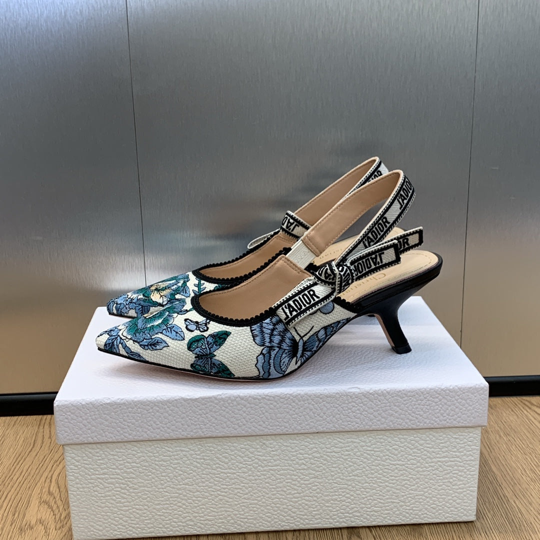 Luxury DiorJA Luxury DiorSlingback Pump 65 Pastel Midnight Blue Multicolor Embroidered Cotton with Toile de Jouy Mexico Motif