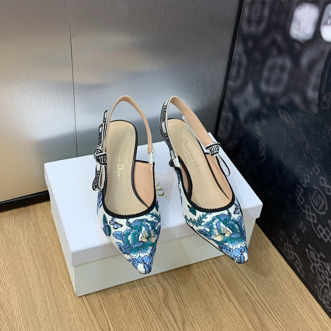Luxury DiorJA Luxury DiorSlingback Pump 65 Pastel Midnight Blue Multicolor Embroidered Cotton with Toile de Jouy Mexico Motif