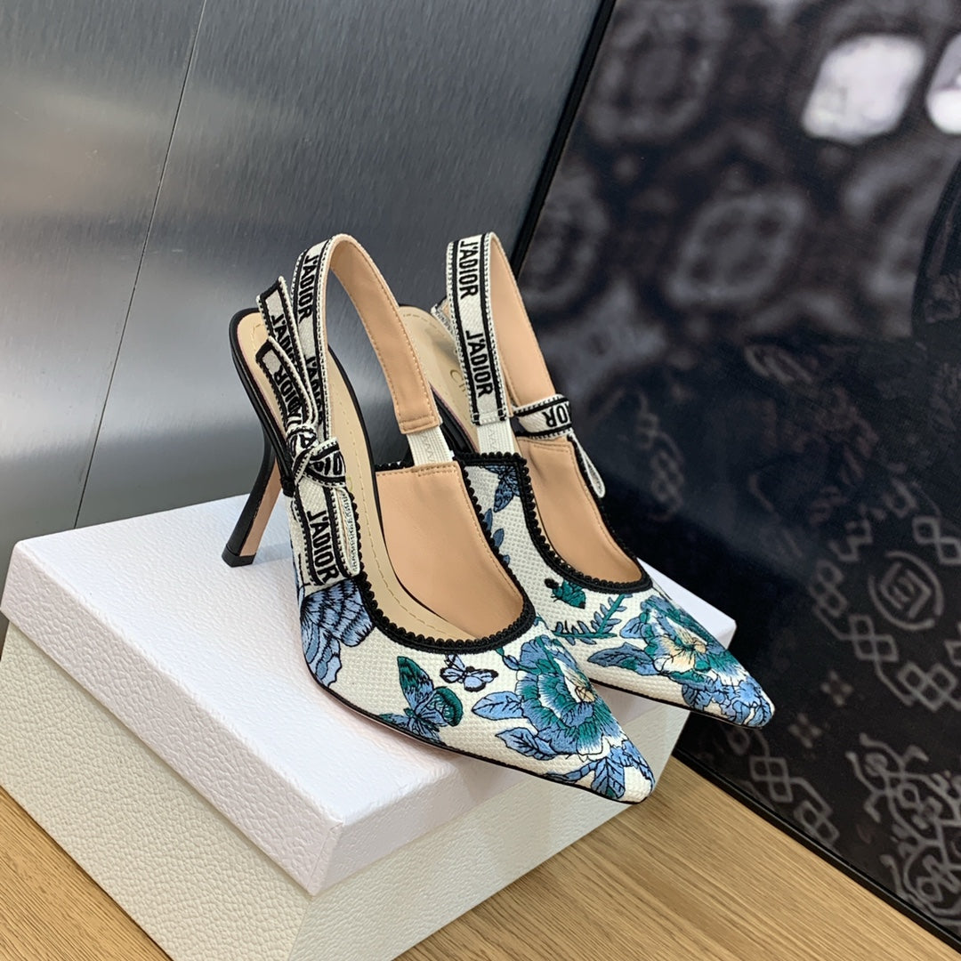 Luxury DiorJA Luxury DiorSlingback Pump 95 Pastel Midnight Blue Multicolor Embroidered Cotton with Toile de Jouy Mexico Motif