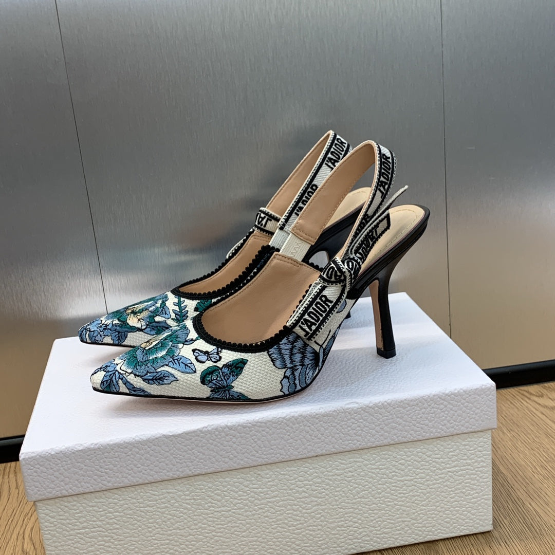 Luxury DiorJA Luxury DiorSlingback Pump 95 Pastel Midnight Blue Multicolor Embroidered Cotton with Toile de Jouy Mexico Motif