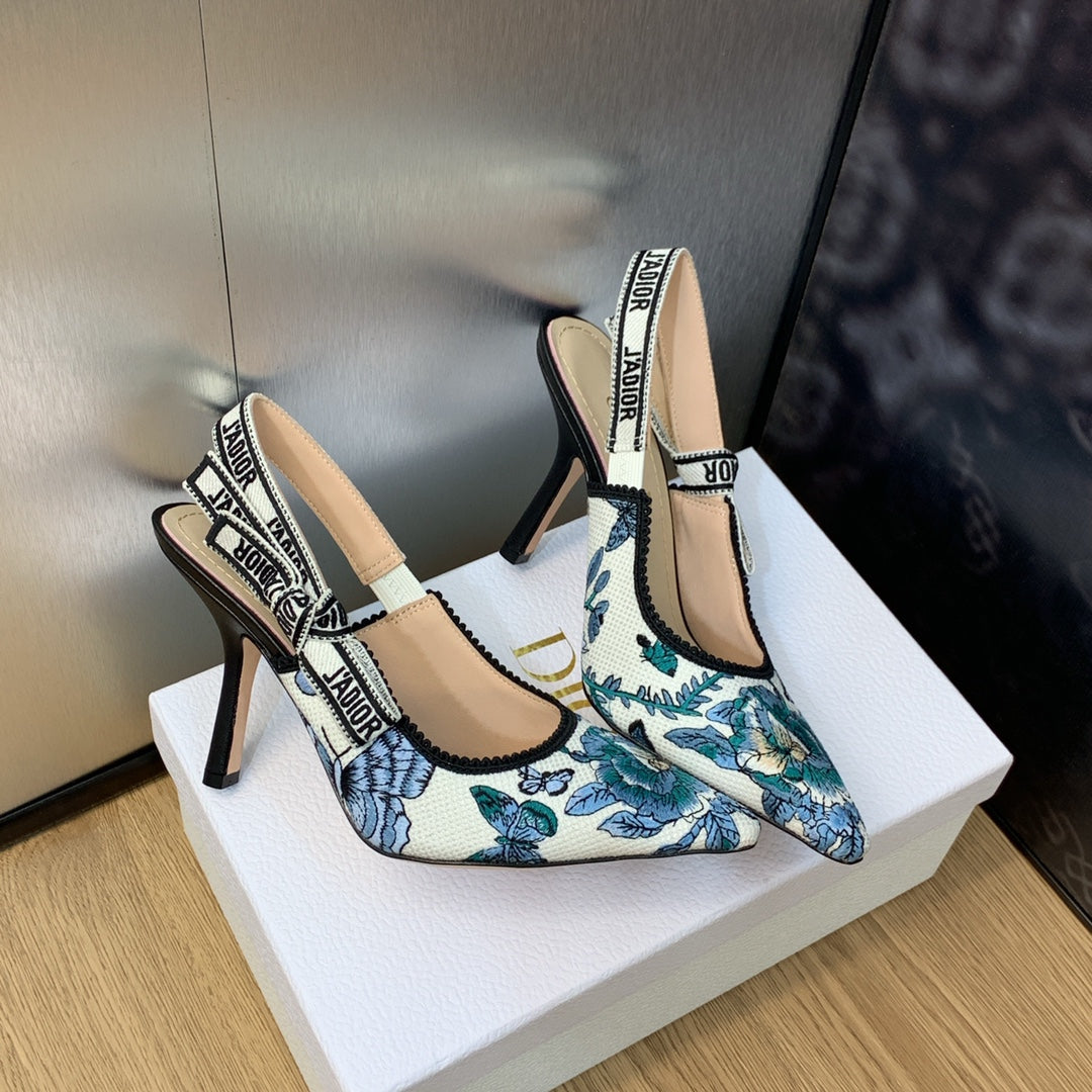 Luxury DiorJA Luxury DiorSlingback Pump 95 Pastel Midnight Blue Multicolor Embroidered Cotton with Toile de Jouy Mexico Motif