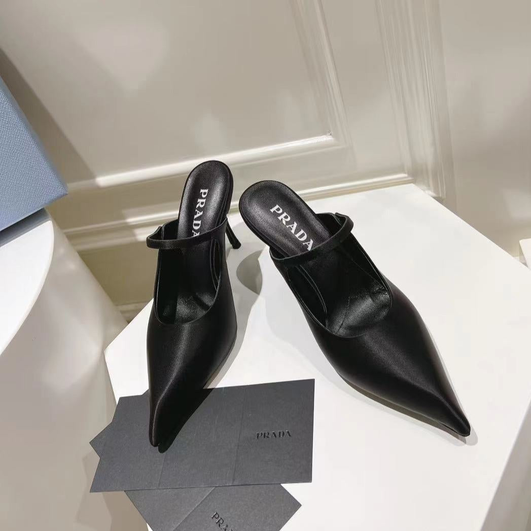 Luxury PradaHIGH-HEELED MULES BLACK SATIN