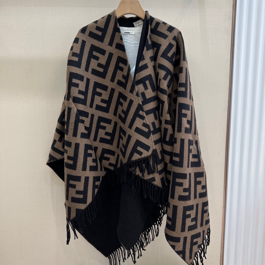 Luxury FendiFF 170 CM SCARF IN CAMEL BROWN MIX BLACK CASHMERE AND WOOL