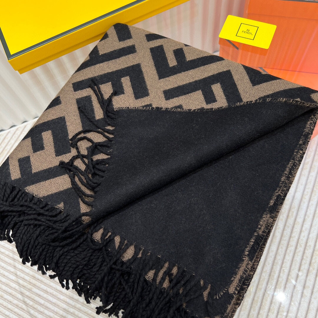 Luxury FendiFF 170 CM SCARF IN CAMEL BROWN MIX BLACK CASHMERE AND WOOL