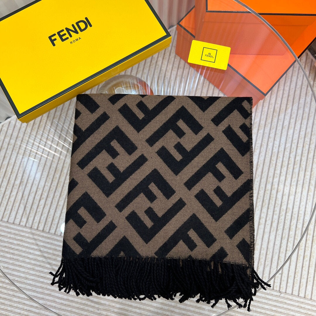 Luxury FendiFF 170 CM SCARF IN CAMEL BROWN MIX BLACK CASHMERE AND WOOL