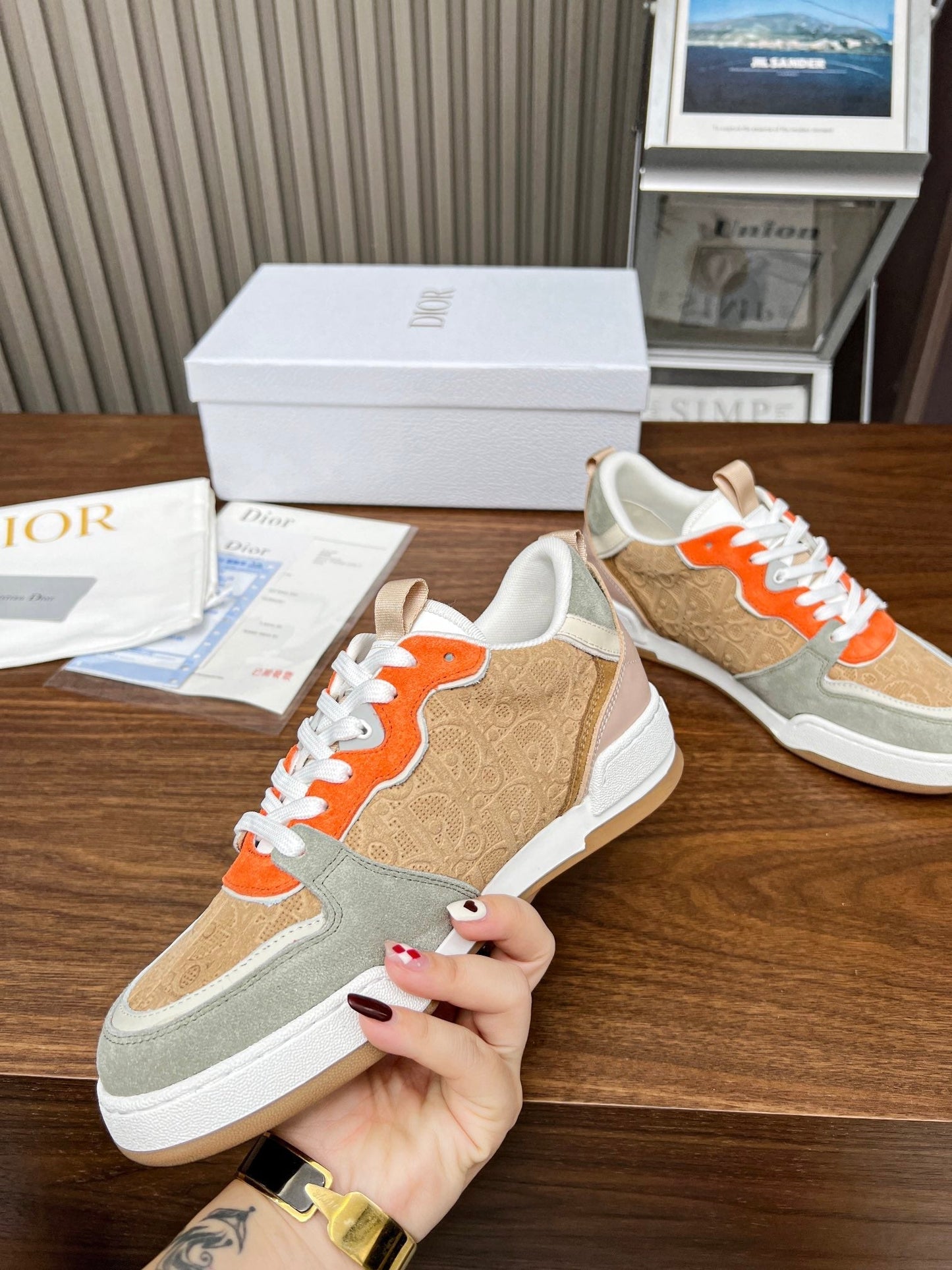 Luxury DiorOne Sneaker Brown Orange Mix Grey Beige Oblique Perforated Suede And Calfskin