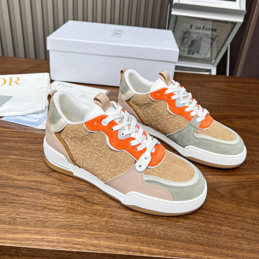 Luxury DiorOne Sneaker Brown Orange Mix Grey Beige Oblique Perforated Suede And Calfskin