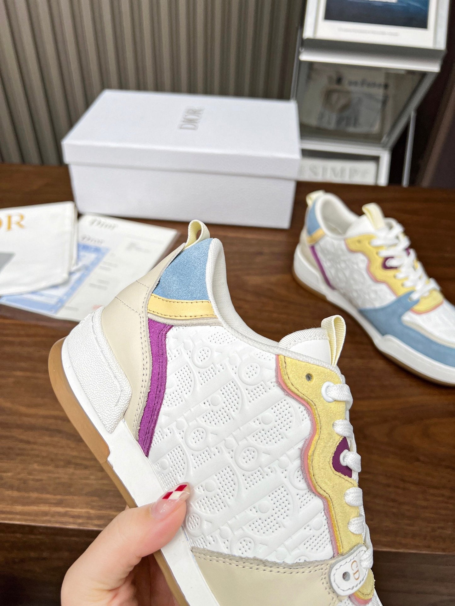 Luxury DiorOne Sneaker White Beige Mix Blue Yellow Oblique Perforated Suede And Calfskin