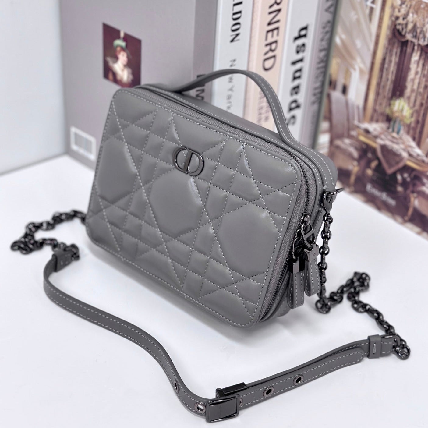 Luxury DiorCARO BOX 19 IN GREY CALFSKIN