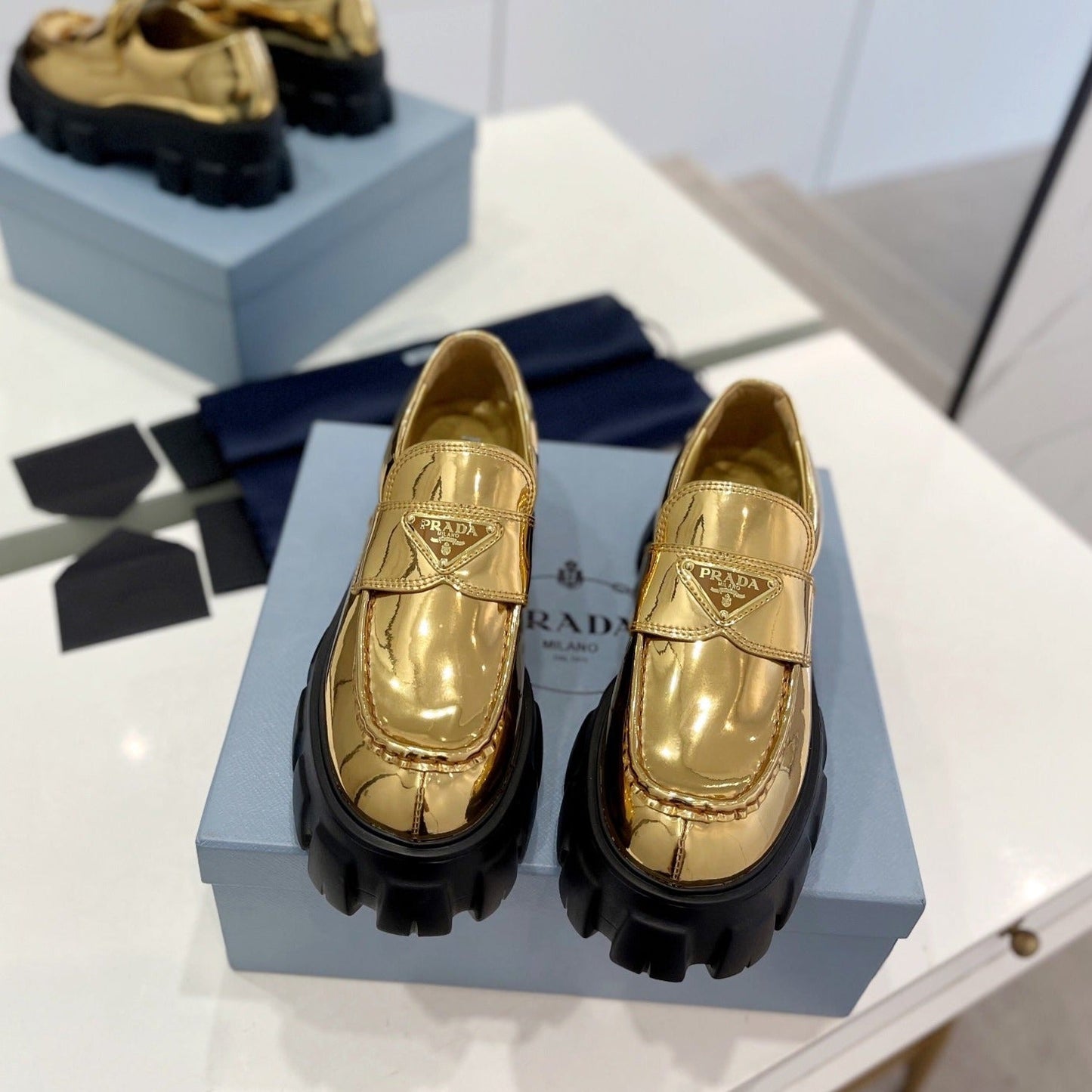 Luxury PradaBRUSHED LEATHER MONOLITH LOAFERS METALLIC GOLD