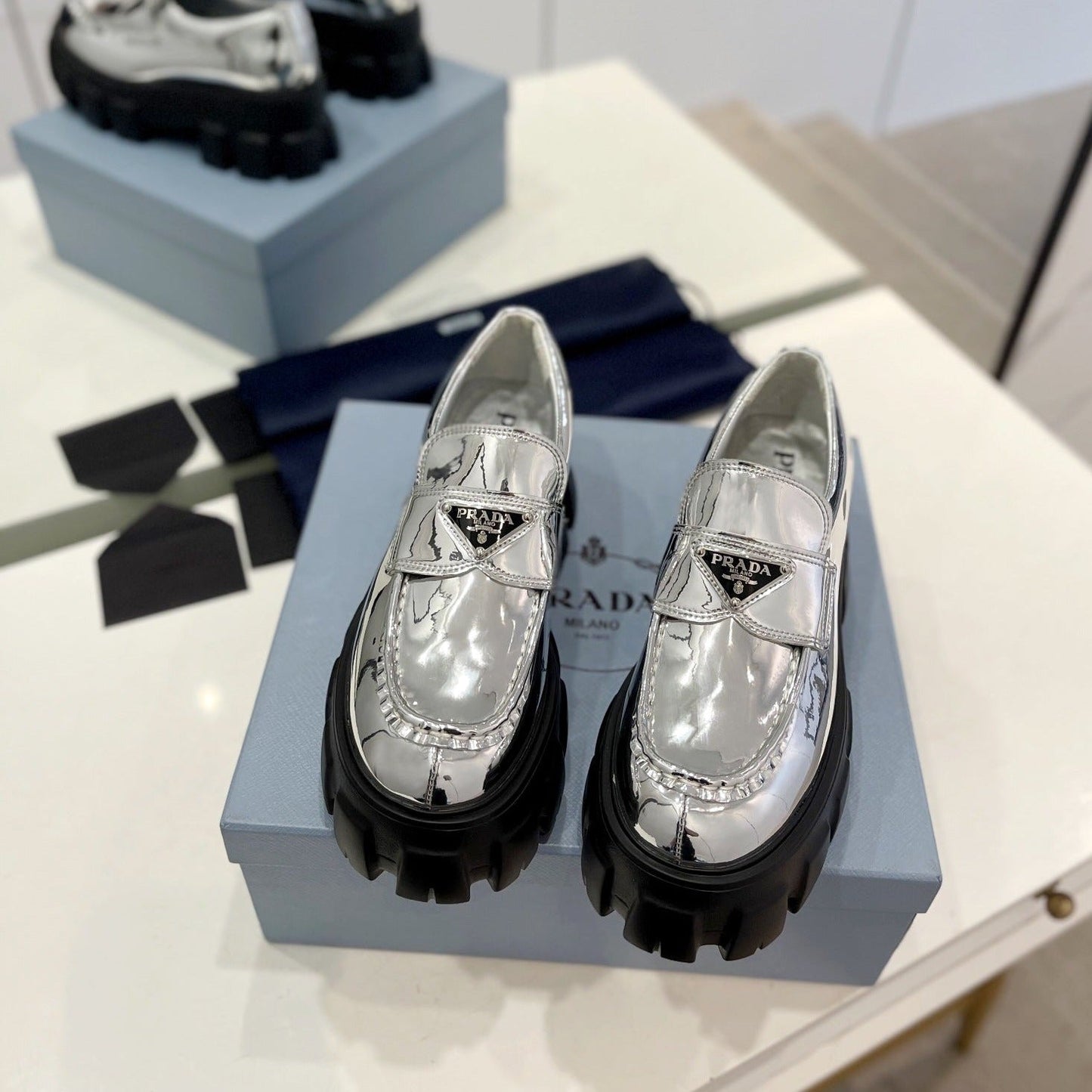 Luxury PradaBRUSHED LEATHER MONOLITH LOAFERS SILVER