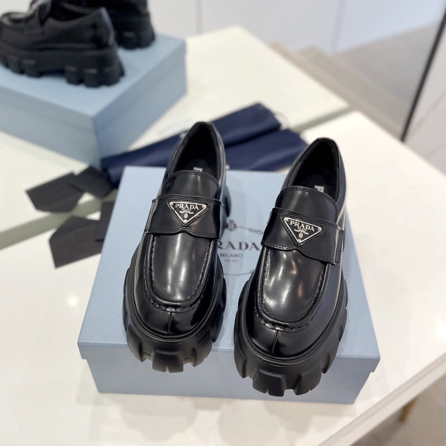 Luxury PradaBRUSHED LEATHER MONOLITH LOAFERS BLACK
