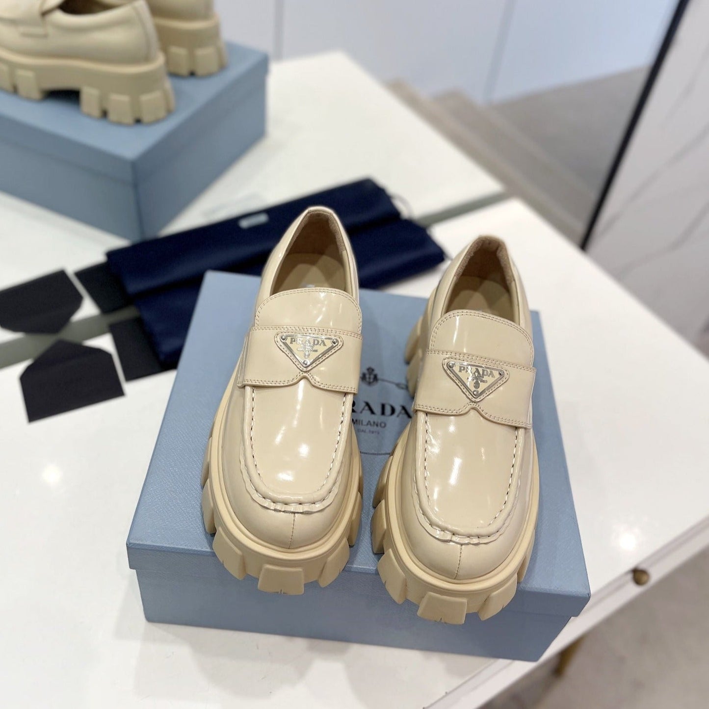Luxury PradaBRUSHED LEATHER MONOLITH LOAFERS BEIGE