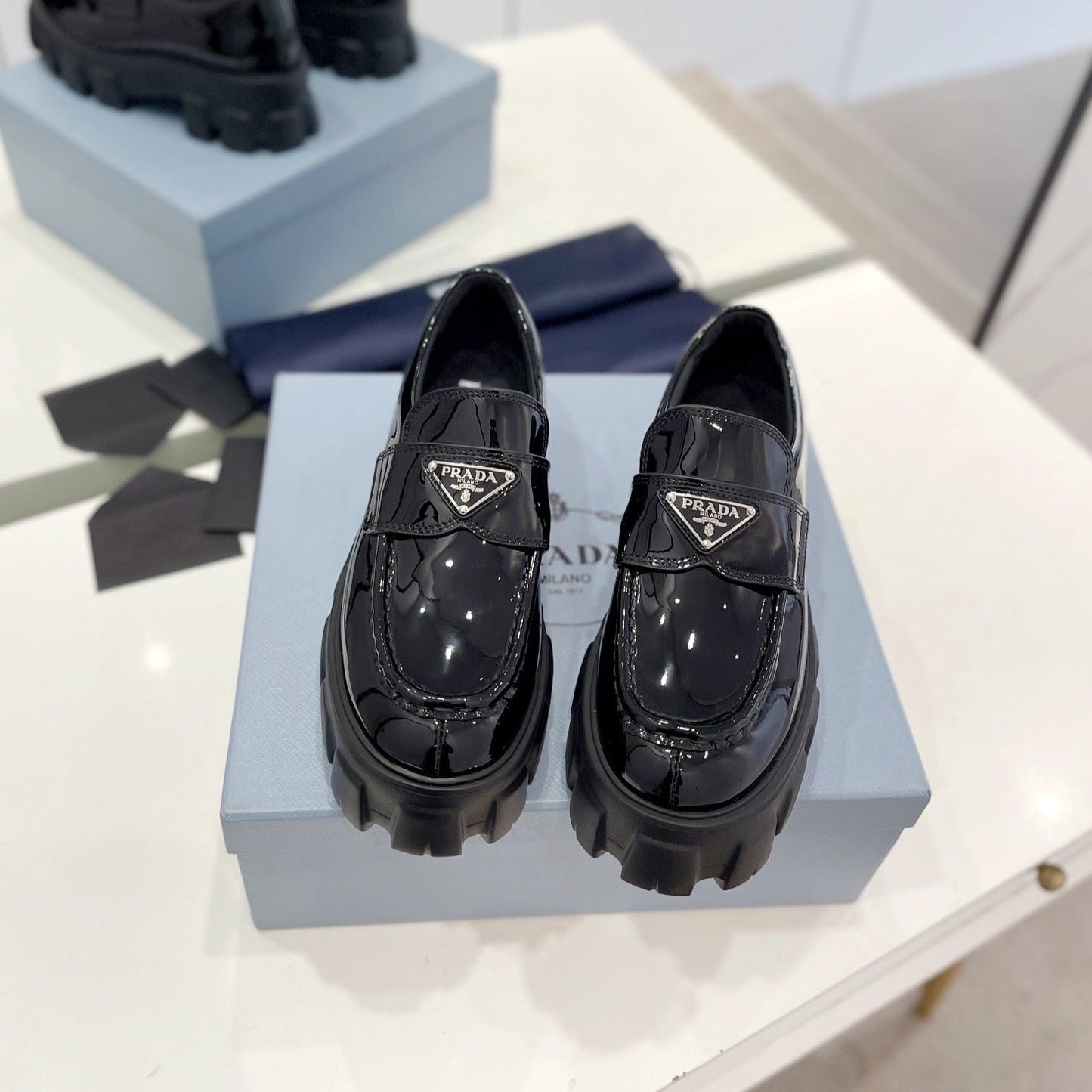 Luxury PradaBRUSHED LEATHER MONOLITH LOAFERS GLOSSY BLACK