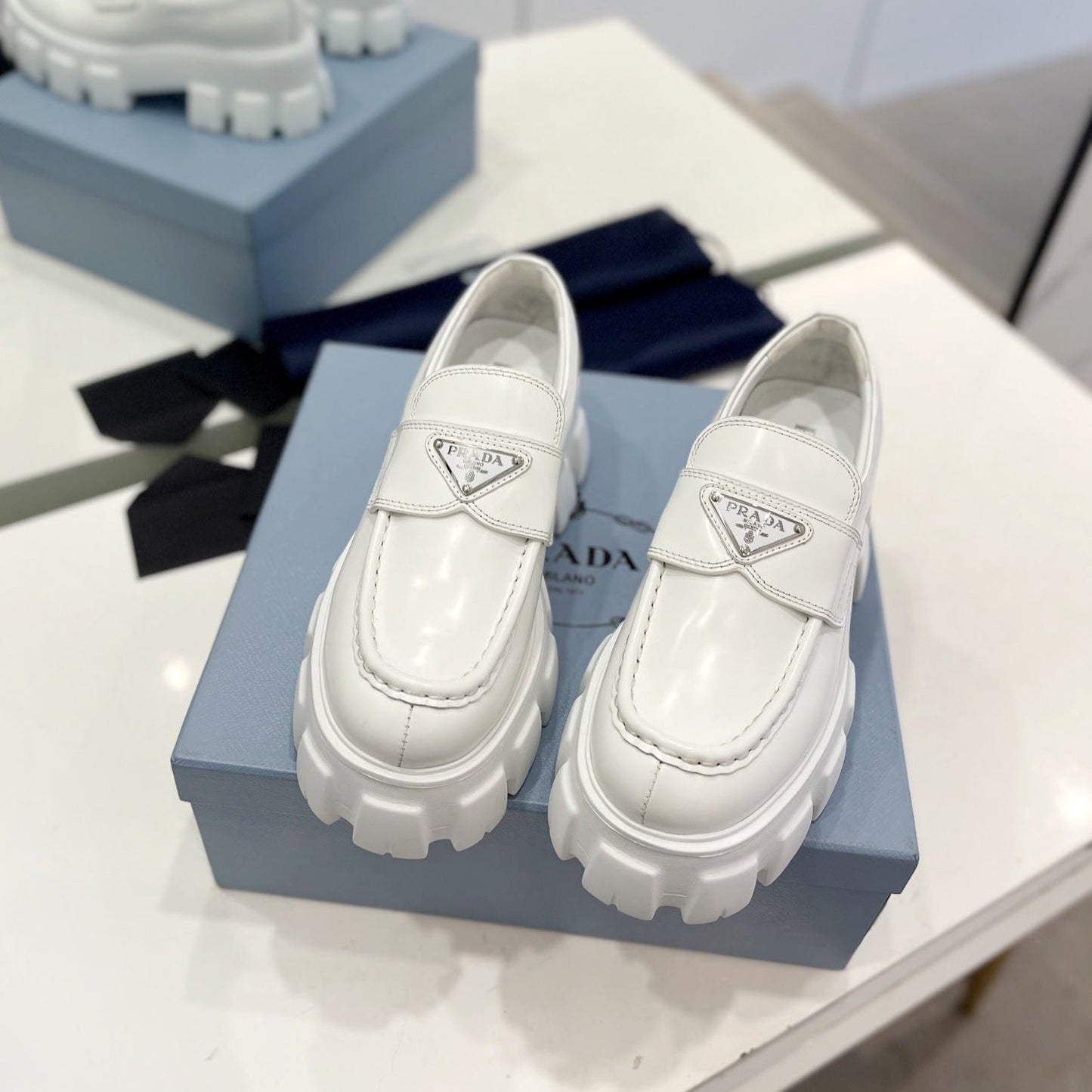 Luxury PradaBRUSHED LEATHER MONOLITH LOAFERS WHITE