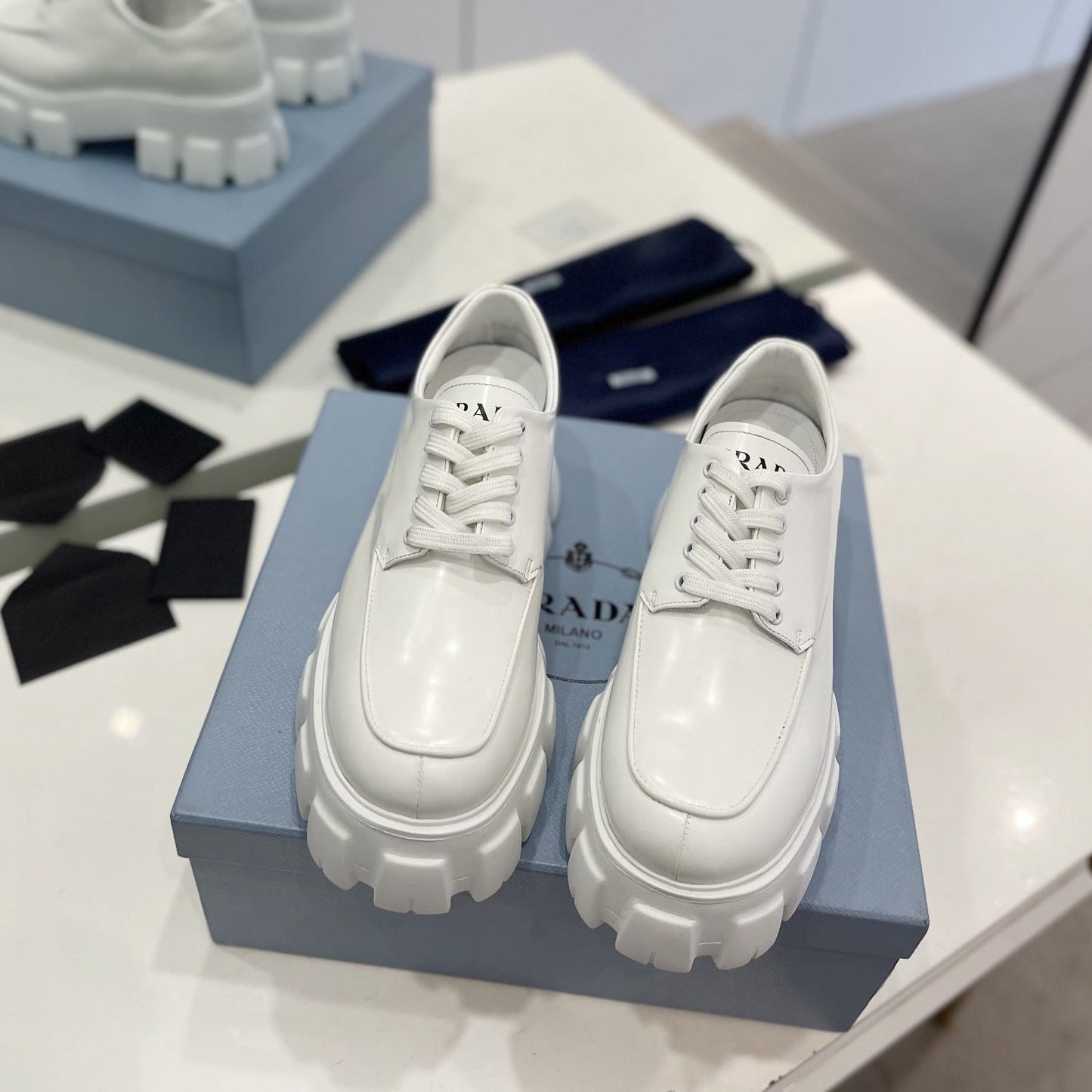 Luxury PradaBRUSHED LEATHER MONOLITH LACE-UP LOAFERS WHITE