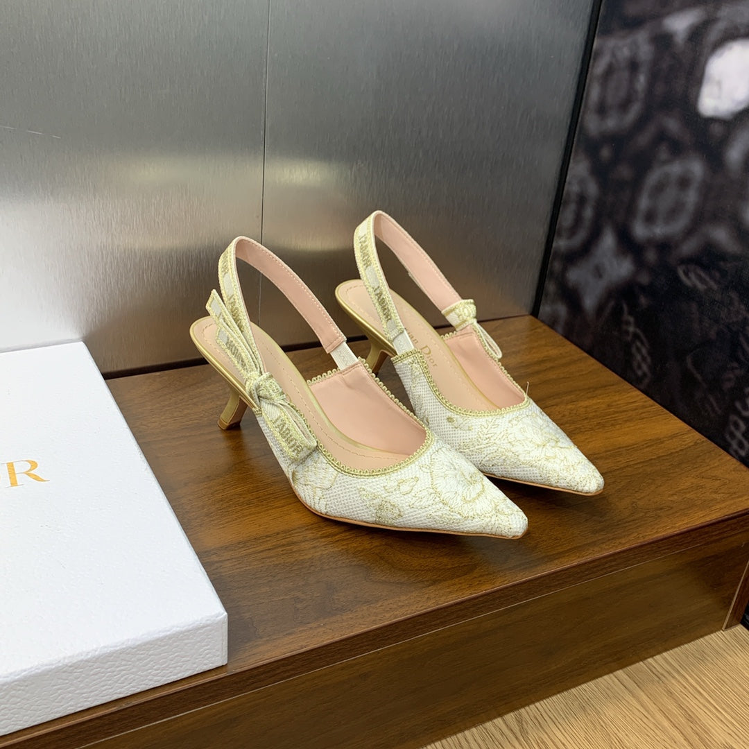 Luxury DiorJA Luxury DiorSlingback Pump 65 White and Gold-Tone Toile de Jouy Mexico Embroidered Cotton with Metallic Thread