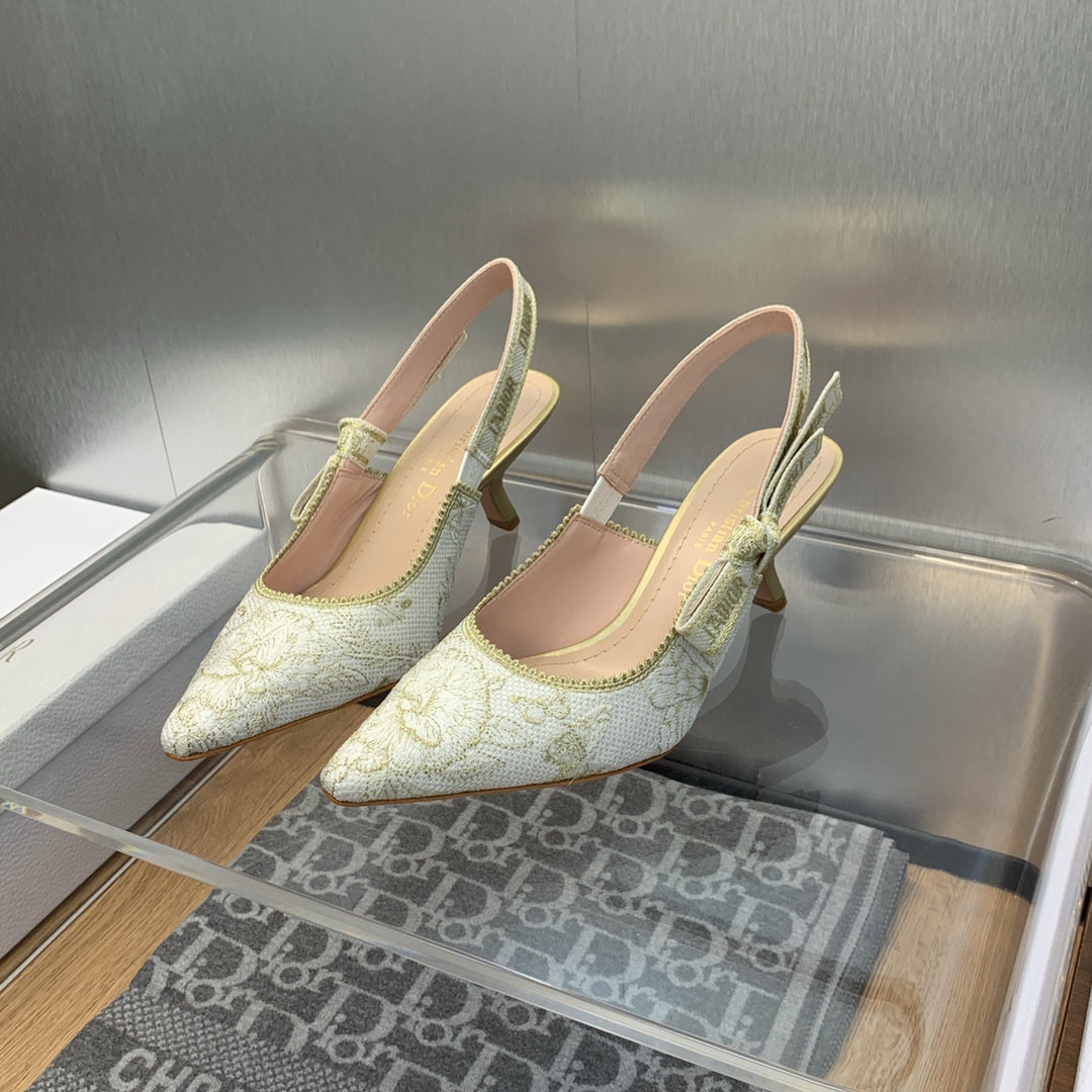 Luxury DiorJA Luxury DiorSlingback Pump 65 White and Gold-Tone Toile de Jouy Mexico Embroidered Cotton with Metallic Thread