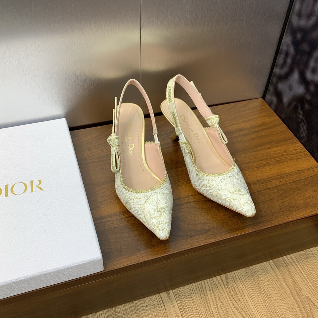 Luxury DiorJA Luxury DiorSlingback Pump 65 White and Gold-Tone Toile de Jouy Mexico Embroidered Cotton with Metallic Thread