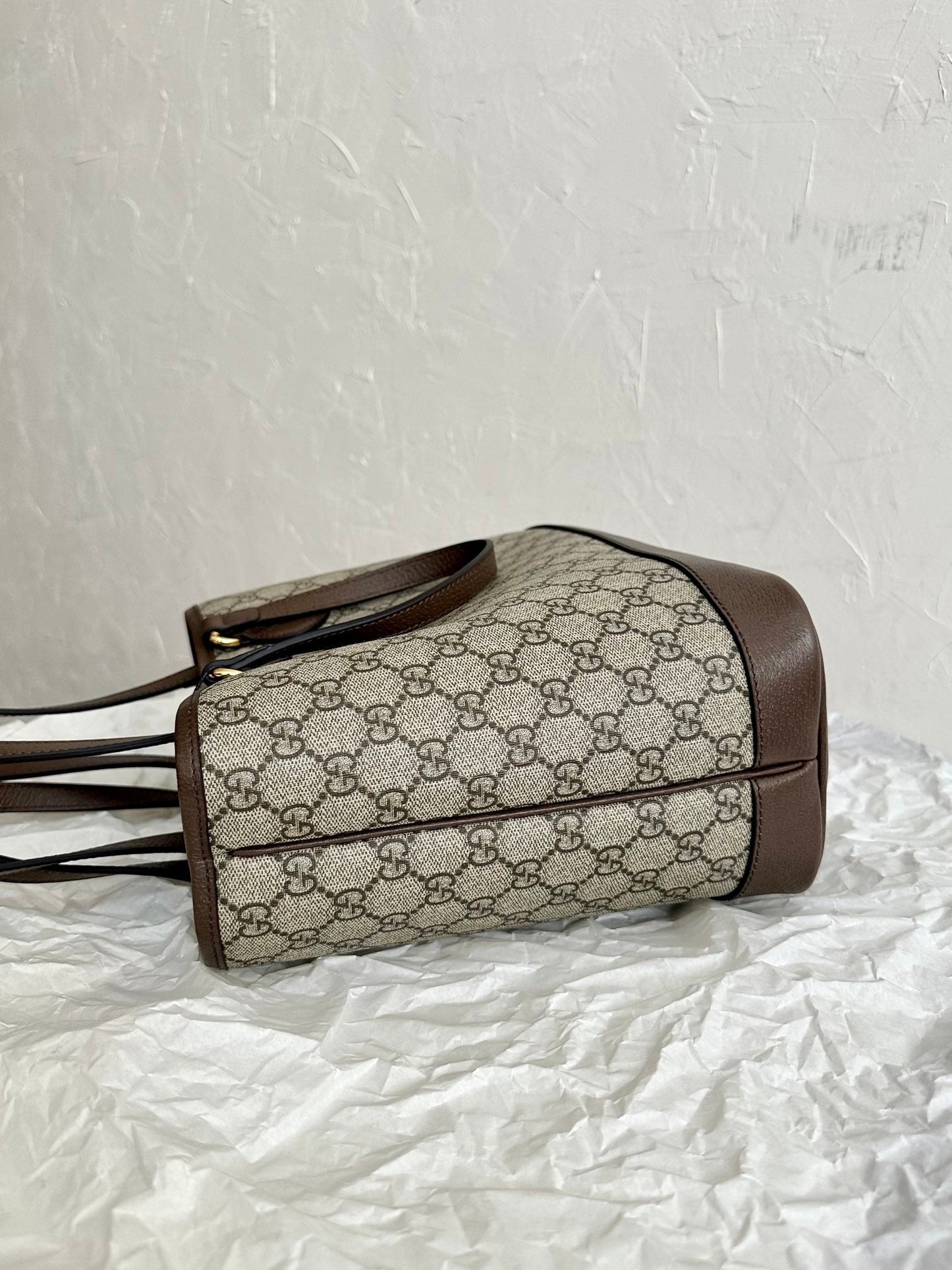 Luxury Gucci OPHIDIA SMALL TOTE BAG 31 BEIGE CANVAS AND BROWN CALFSKIN