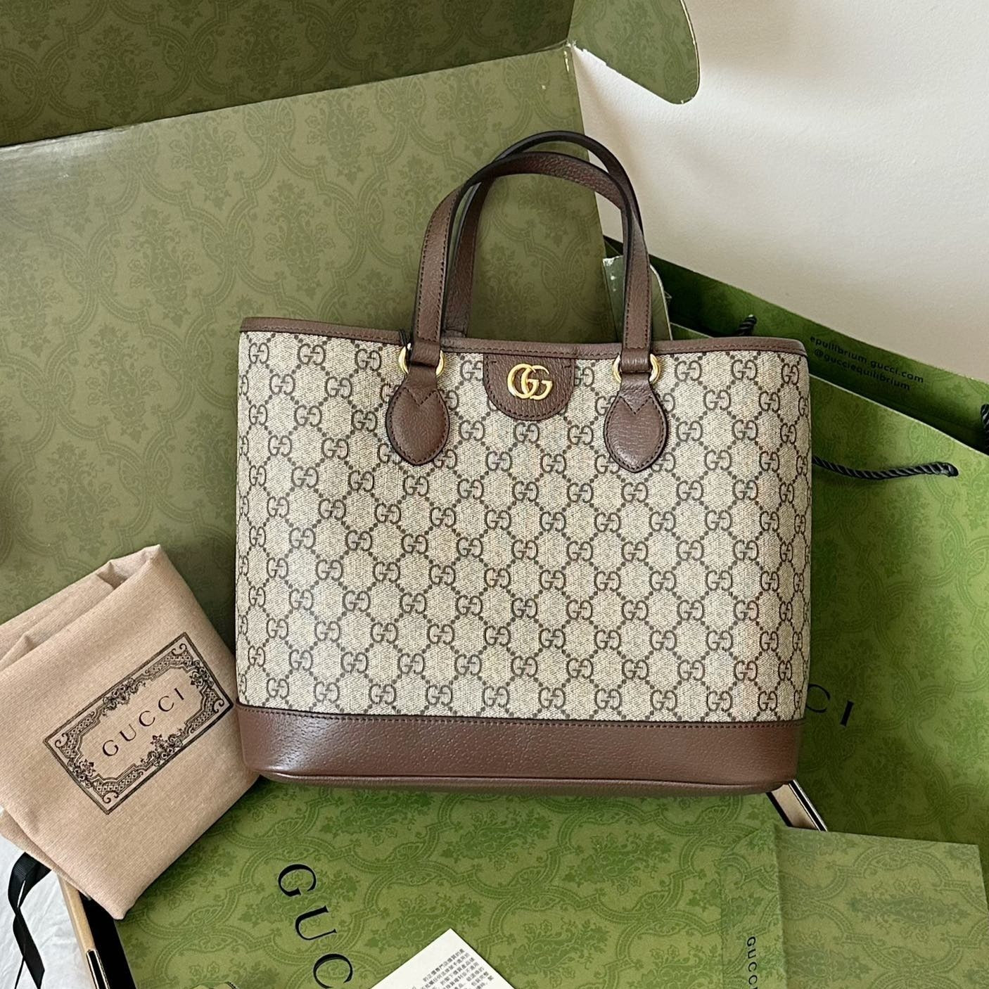 Luxury Gucci OPHIDIA SMALL TOTE BAG 31 BEIGE CANVAS AND BROWN CALFSKIN