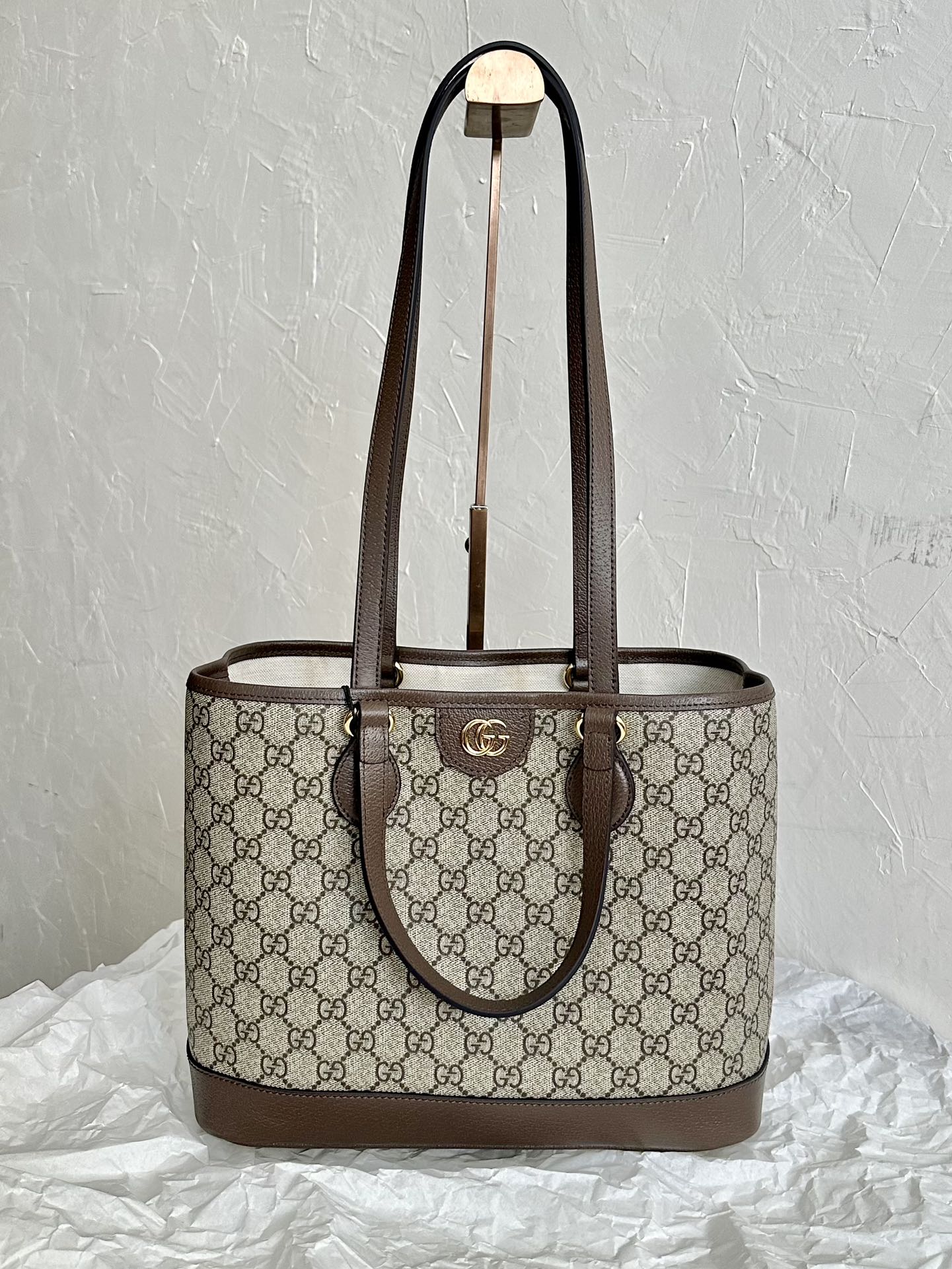 Luxury Gucci OPHIDIA SMALL TOTE BAG 31 BEIGE CANVAS AND BROWN CALFSKIN