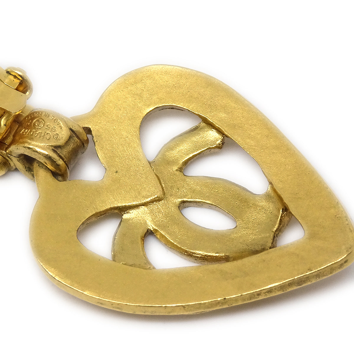 Luxury Chanel Dangle Heart Earrings Gold Clip-On 95P