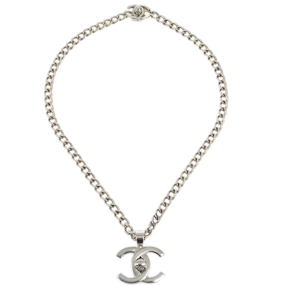 Luxury Chanel Turnlock Silver Chain Pendant Necklace 96P