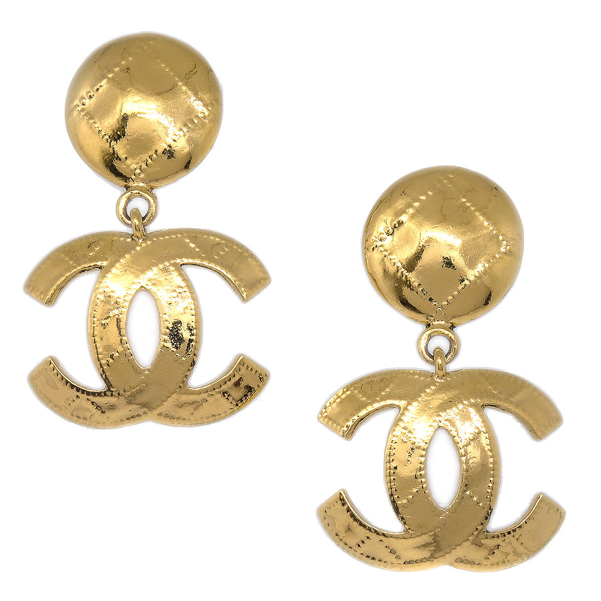 Luxury Chanel 1994 Quilted CC Dangle Earrings Clip-On Gold Small