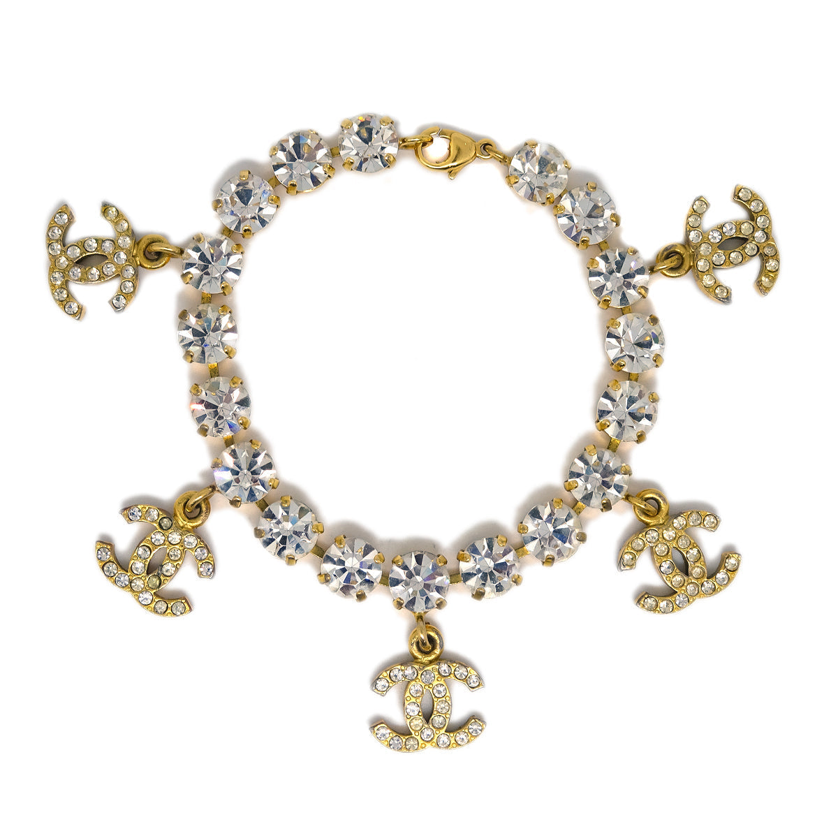 Luxury Chanel Rhinestone Chain Bracelet Gold 95P