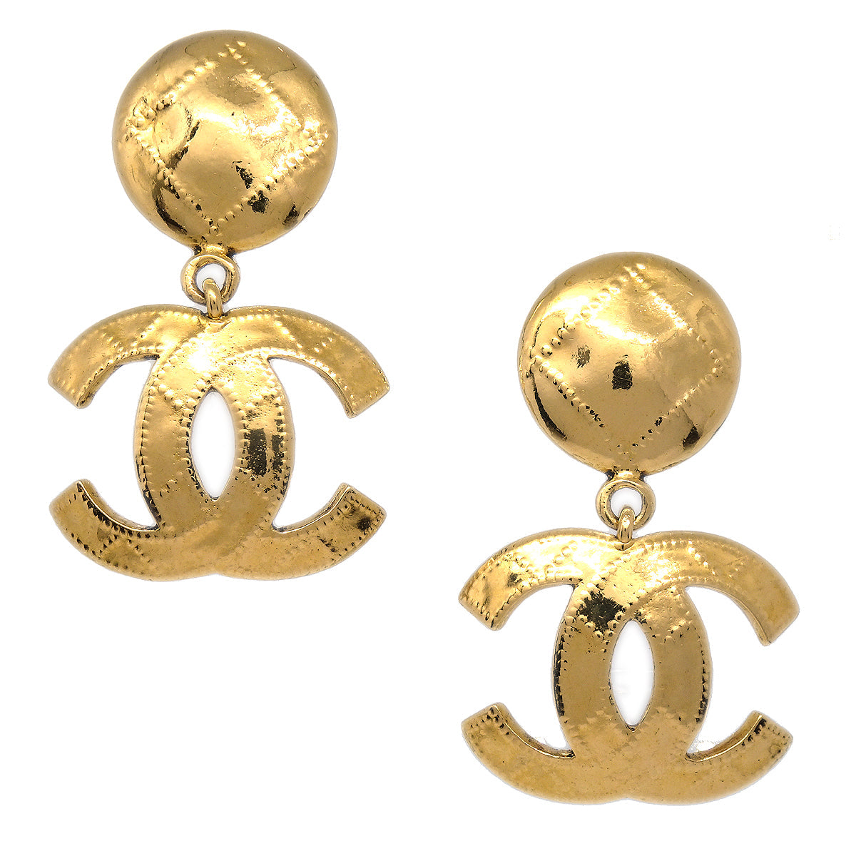Luxury Chanel 1994 Quilted CC Dangle Earrings Clip-On Gold Small