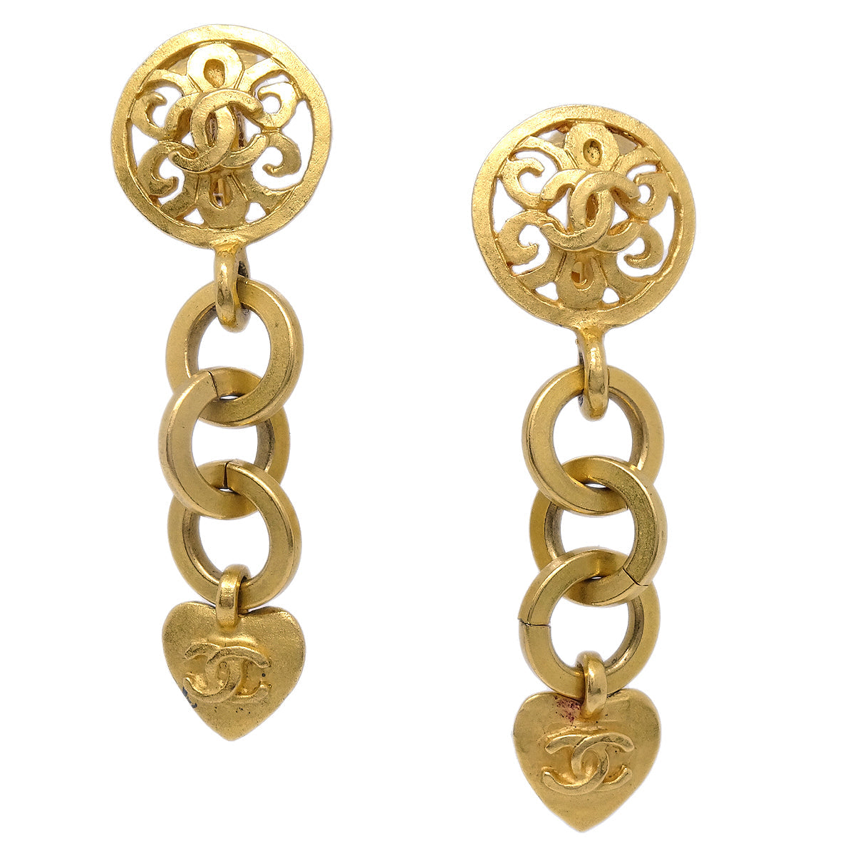 Luxury Chanel Heart Dangle Earrings Clip-On Gold 95P
