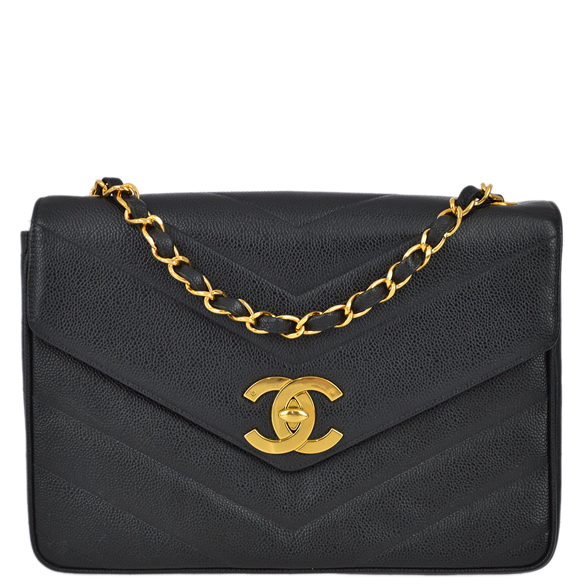 Luxury Chanel 1994-1996 Black Caviar Jumbo Chevron Letter Flap Bag