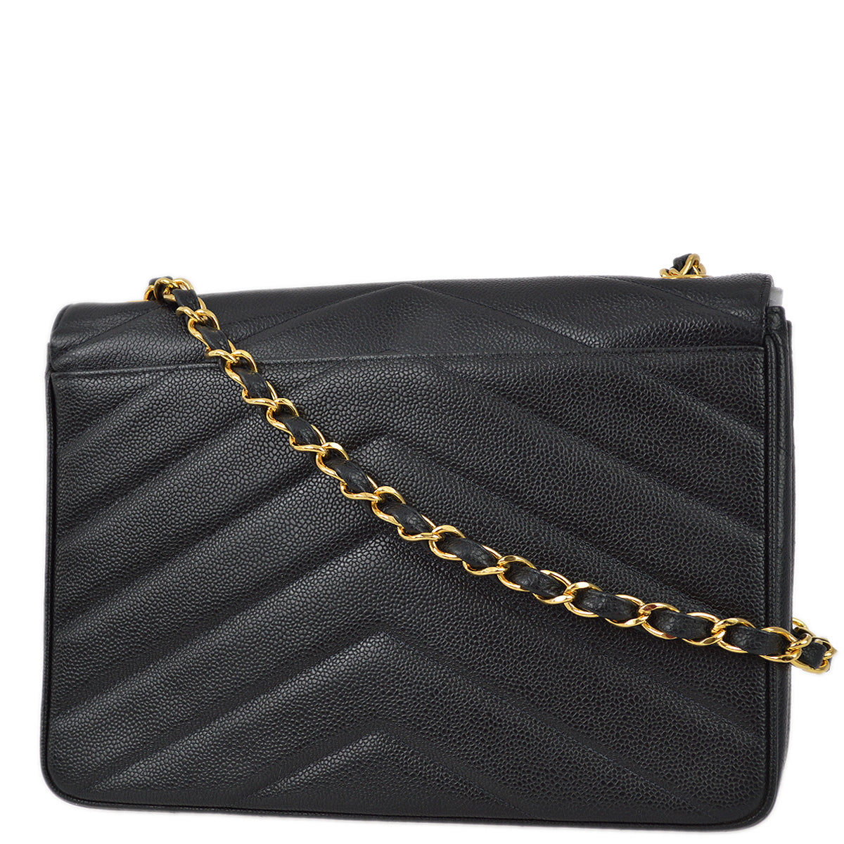 Luxury Chanel 1994-1996 Black Caviar Jumbo Chevron Letter Flap Bag