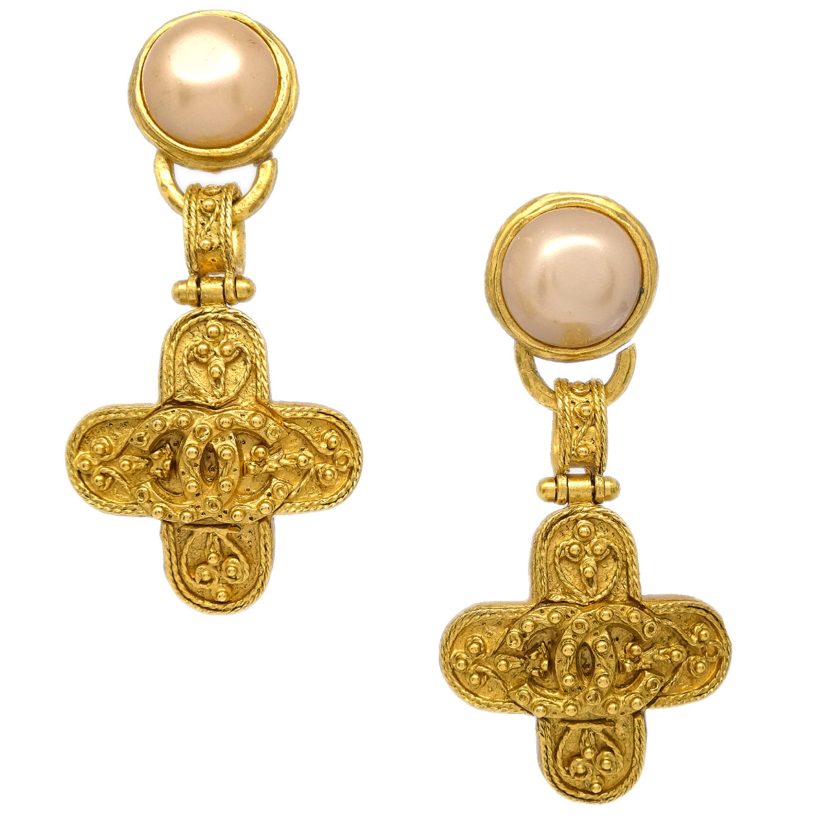 Luxury Chanel Artificial Pearl Dangle Earrings Clip-On Gold 94A
