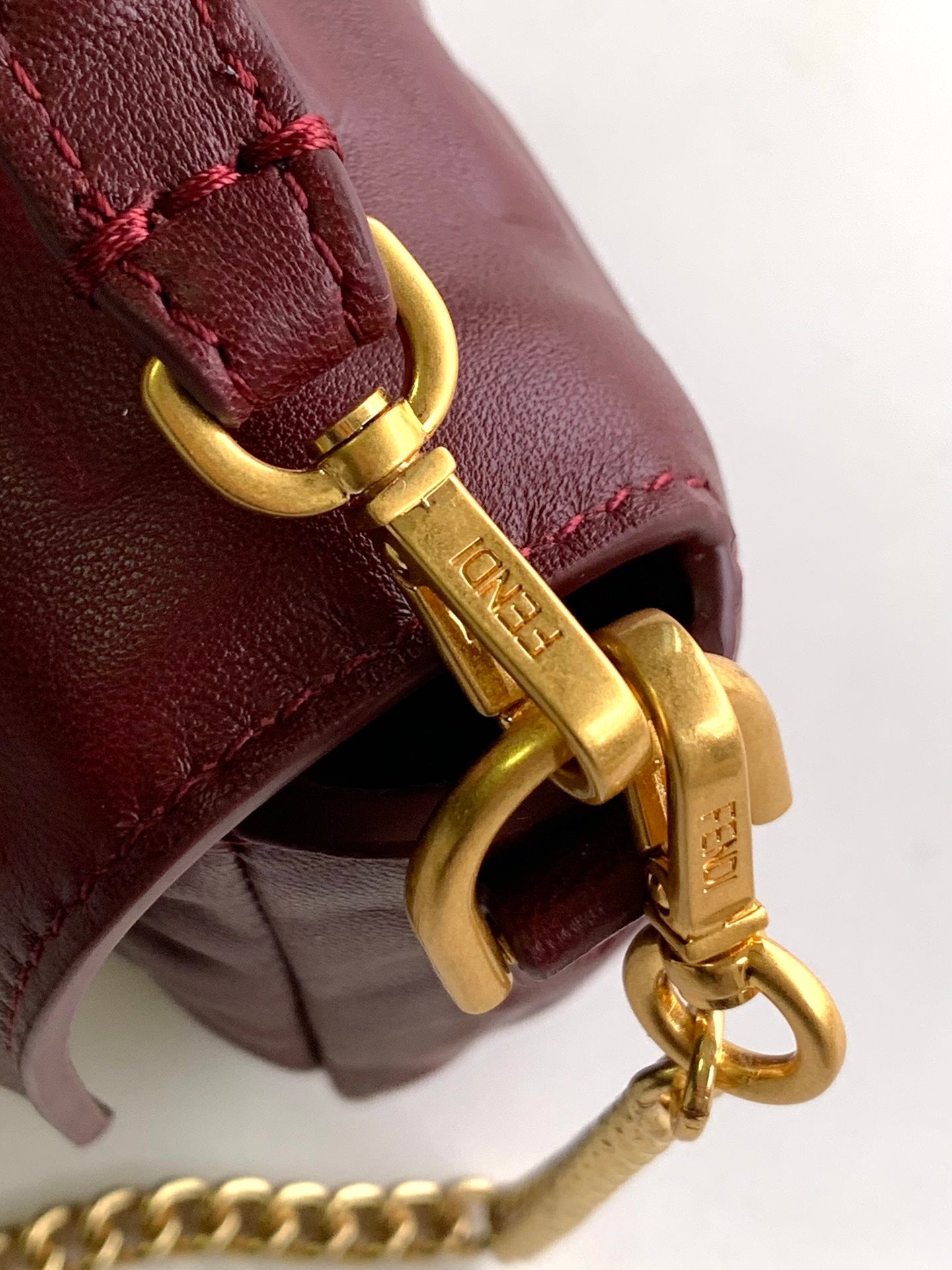 Luxury FendiMini Baguette Bag 20 With FF Motif Burgundy Leather Ghw