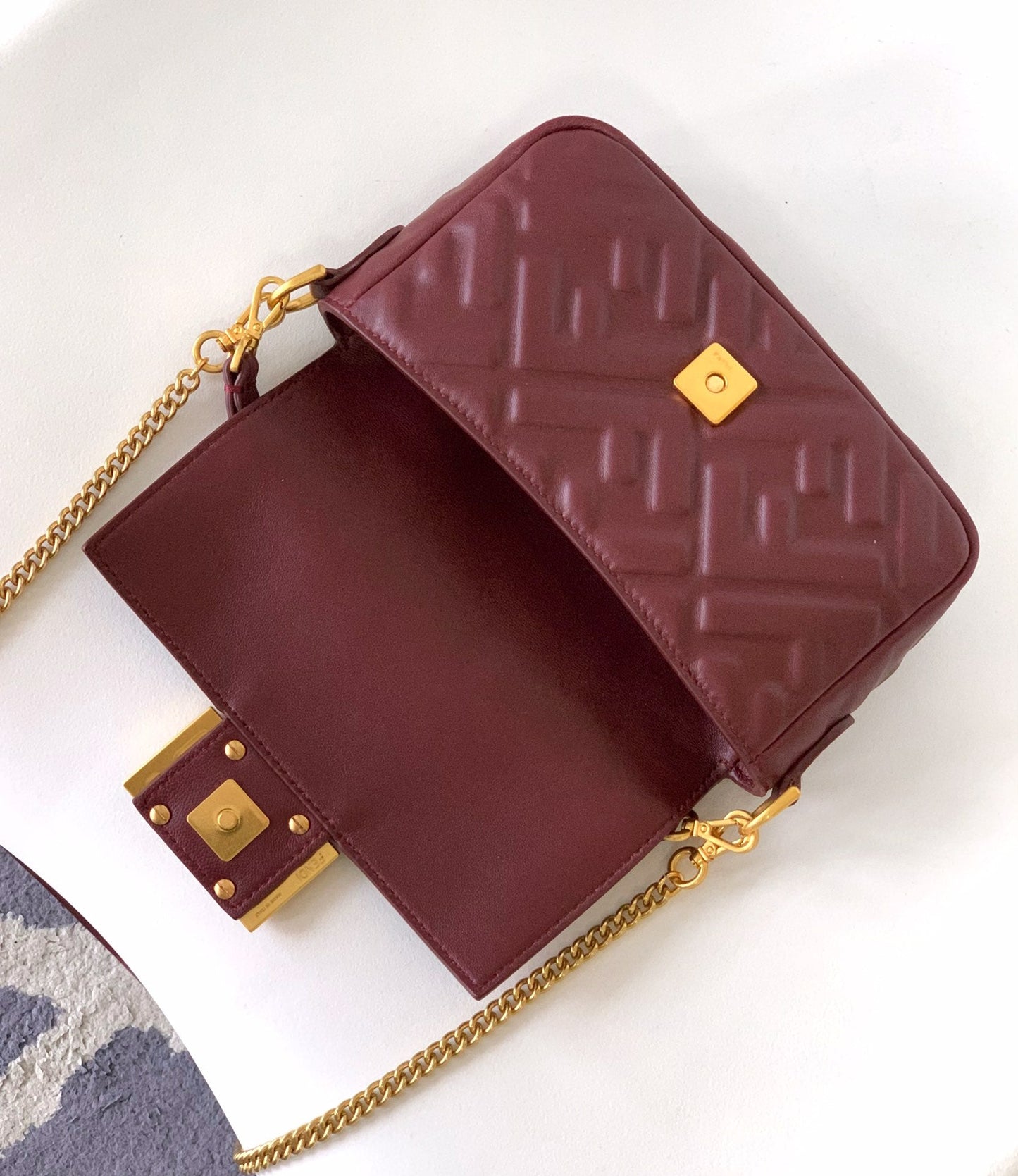 Luxury FendiMini Baguette Bag 20 With FF Motif Burgundy Leather Ghw