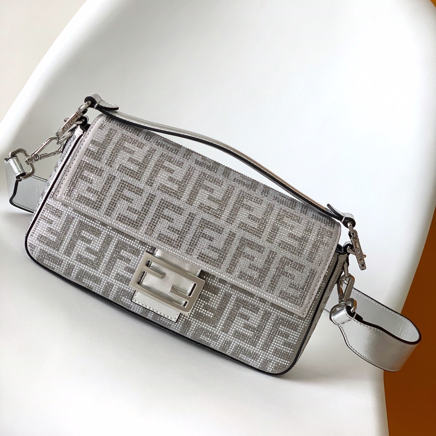 Luxury FendiFend Baguette 27 Bag Silver Leather with Crystal FF Motif Shw