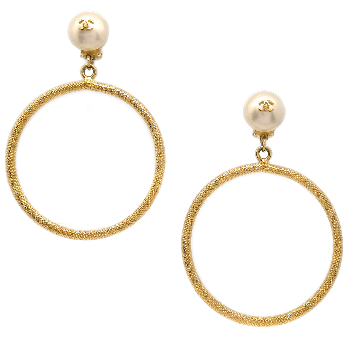 Luxury Chanel Hoop Earrings Gold Artificial Pearl Clip-On 97P