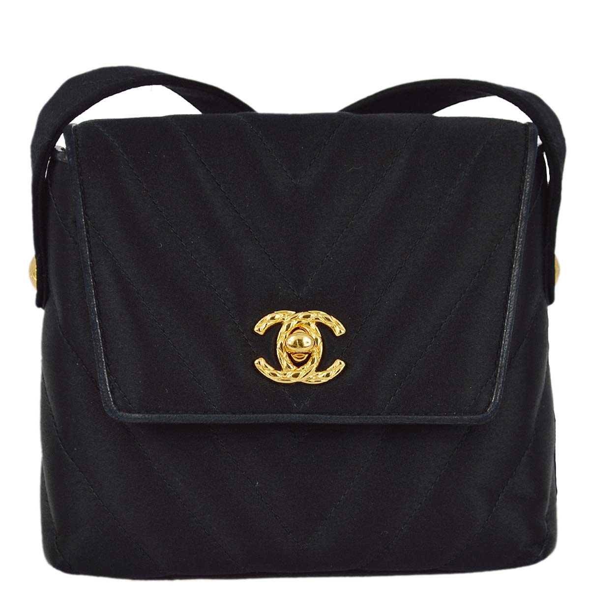Luxury Chanel 1994-1996 Black Satin Chevron Shoulder Bag