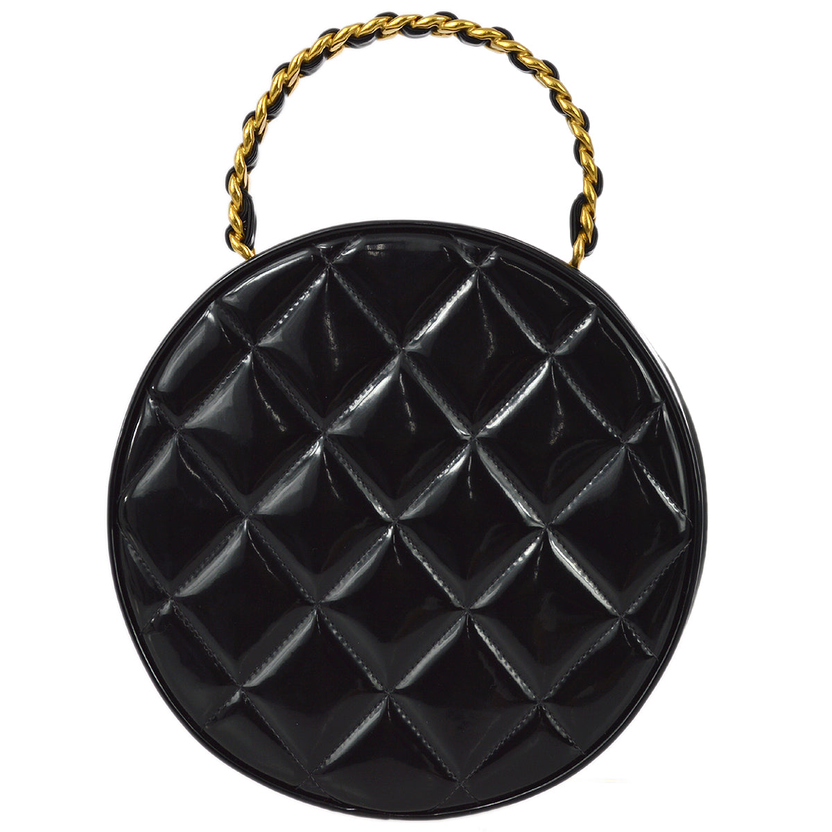 Luxury Chanel 1994-1996 Black Patent Leather Round Vanity Handbag