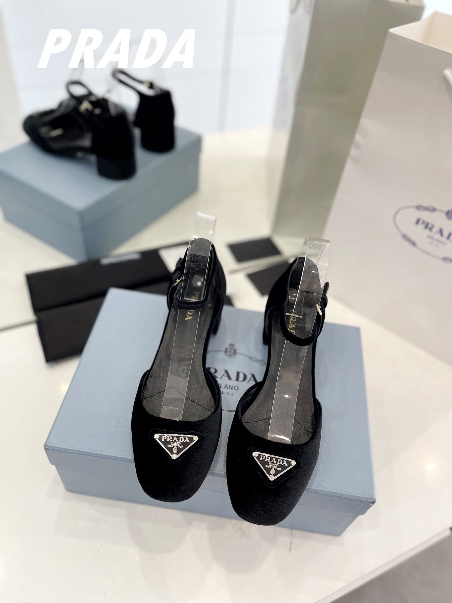 Luxury PradaSlingback 40 Square Sole Black Velvet