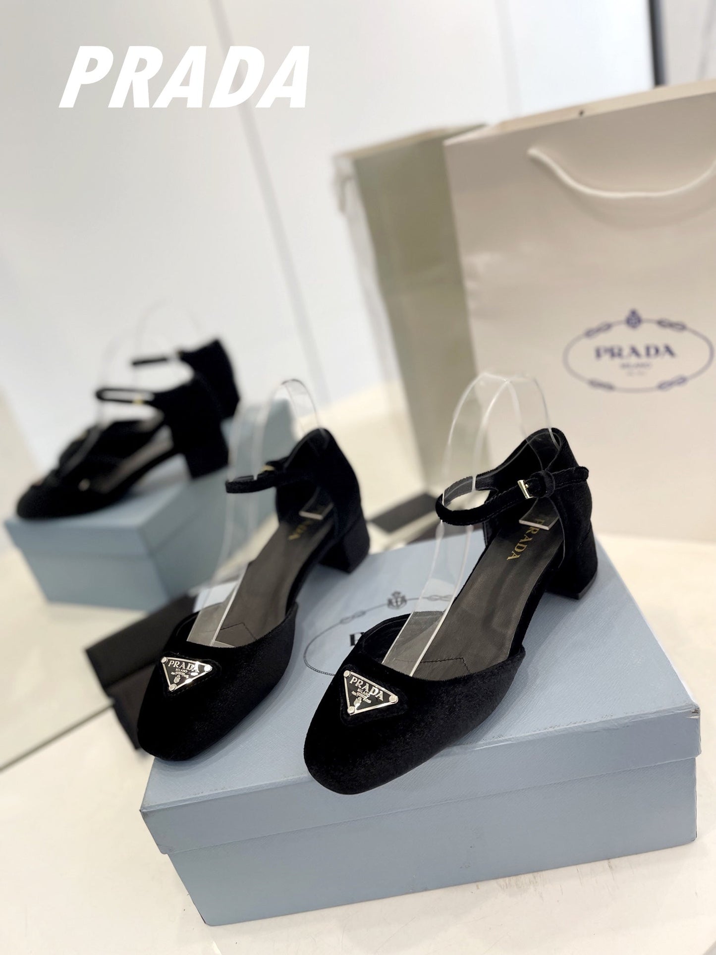 Luxury PradaSlingback 40 Square Sole Black Velvet