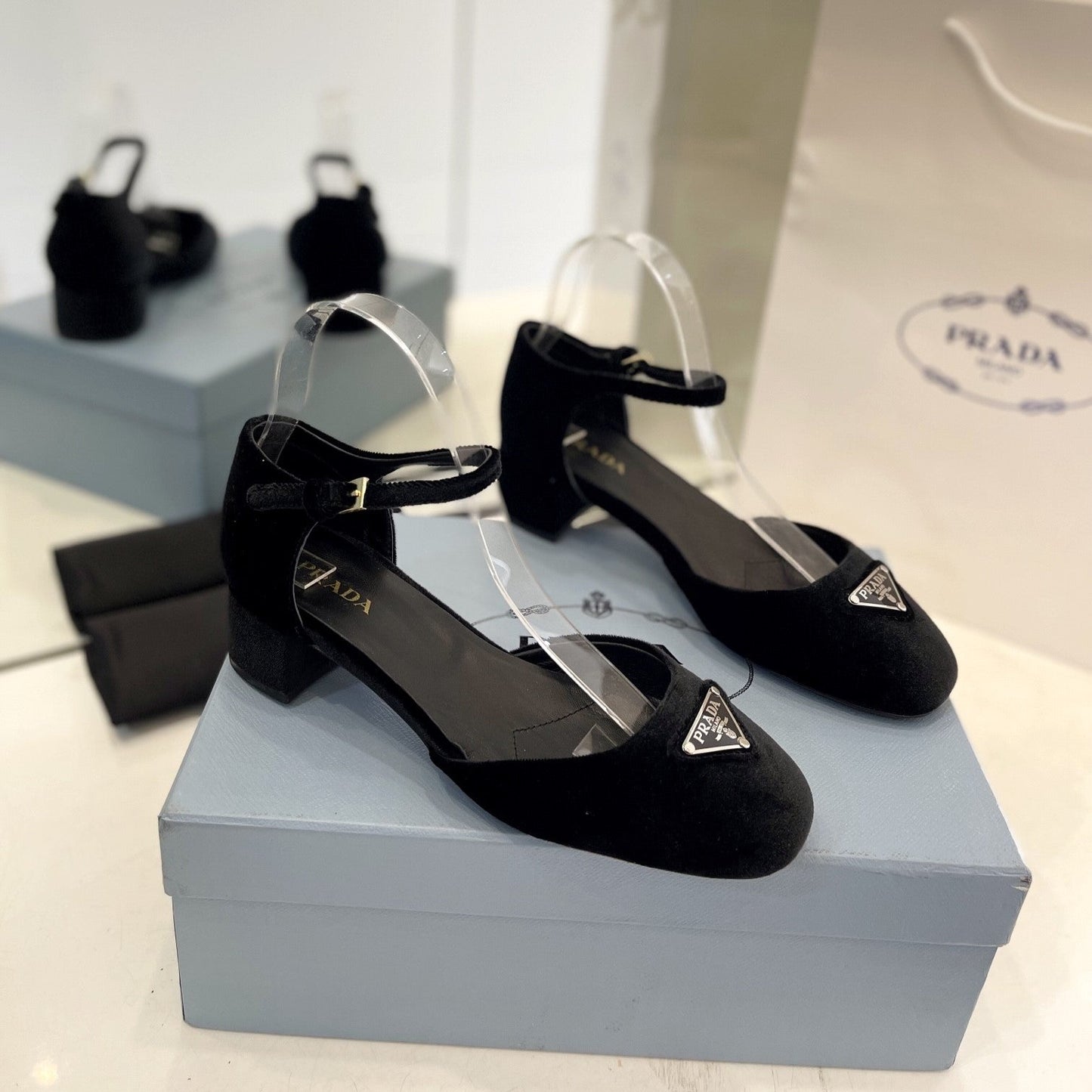 Luxury PradaSlingback 40 Square Sole Black Velvet