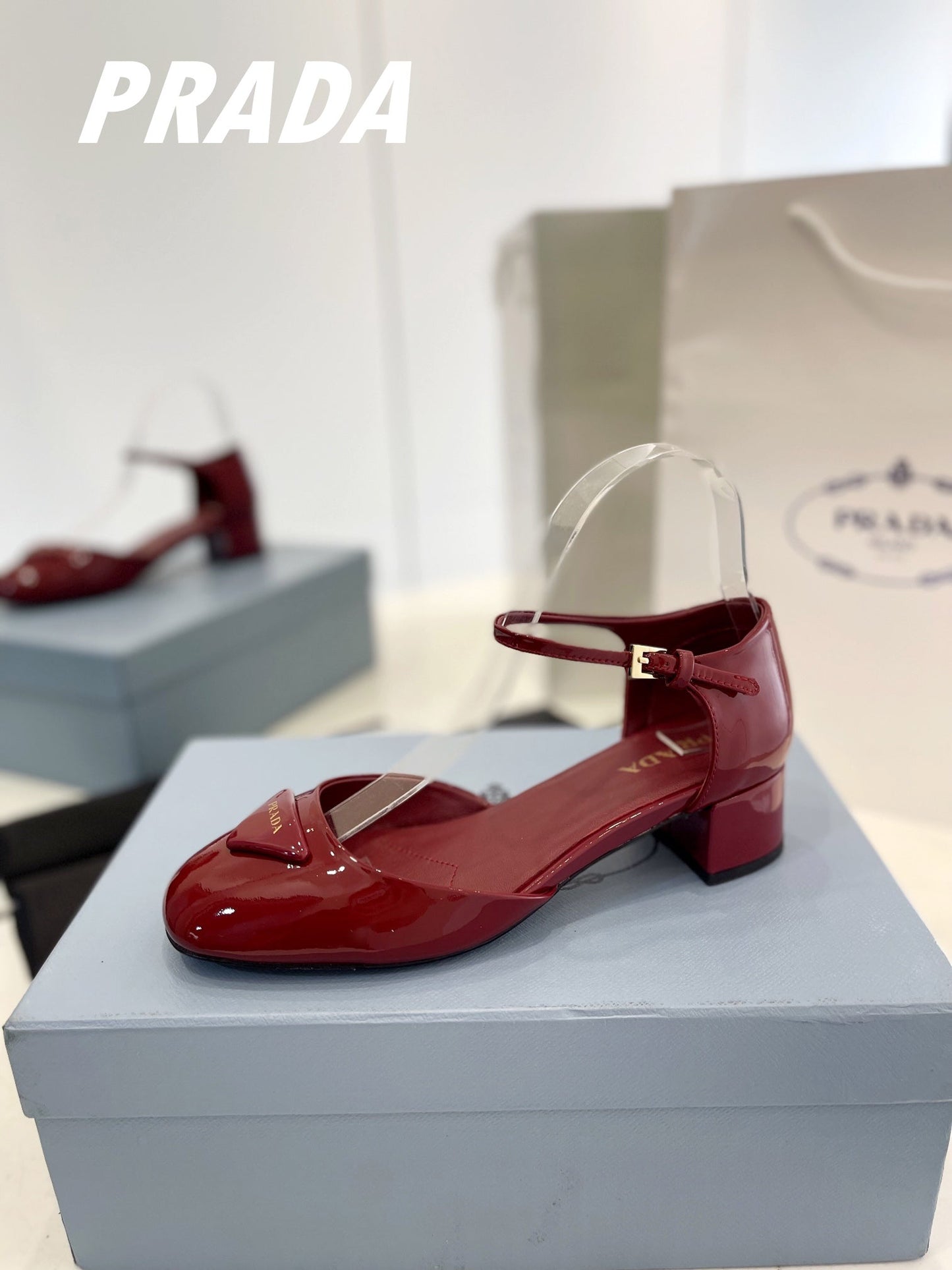 Luxury PradaSlingback 40 Square Sole Wine Patent Leather