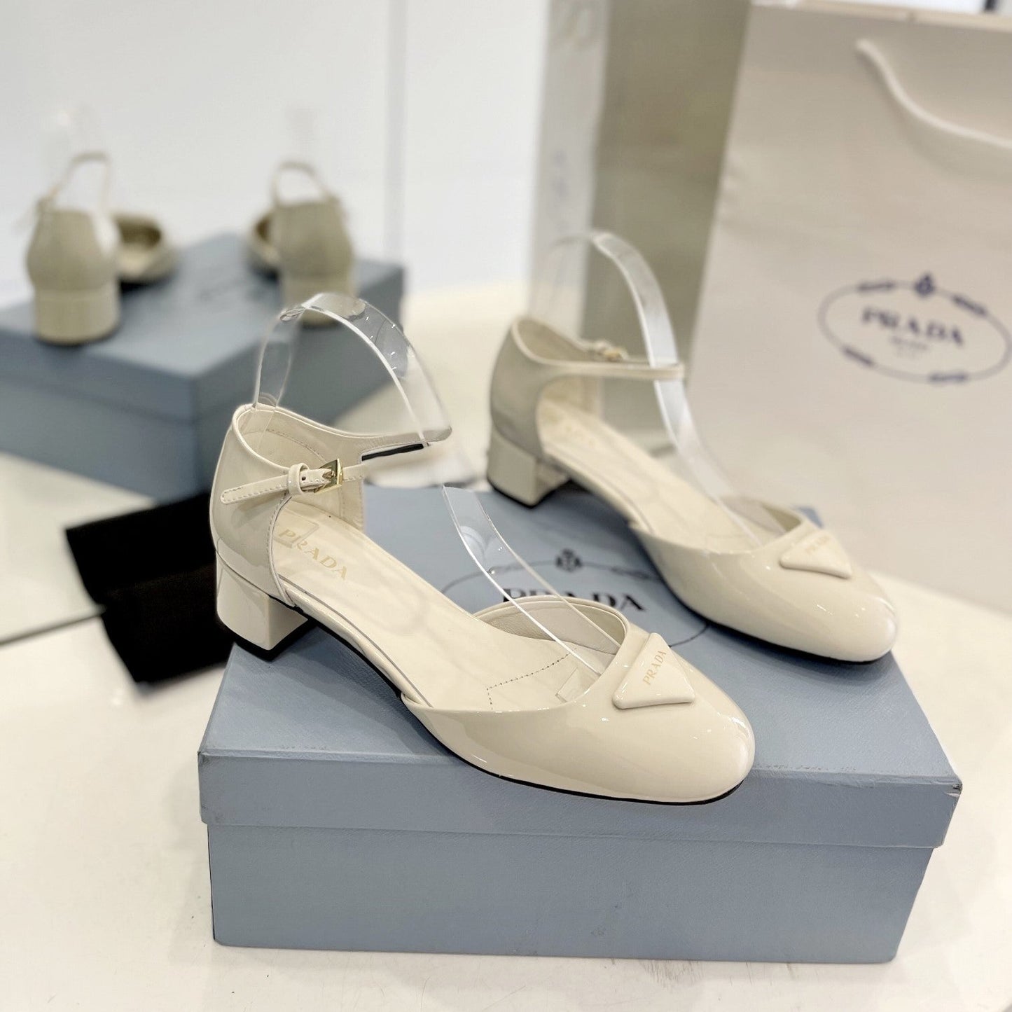 Luxury PradaSlingback 40 Square Sole White Patent Leather